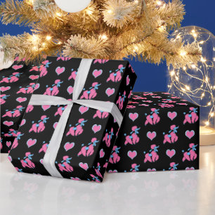 Papel De Regalo Caniches y Corazones Rosas y Azules sobre Negro