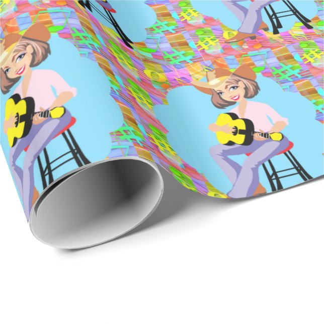 Papel De Regalo Cantante Occidental De Cowgirl Country Con Guitarr (Esquina del rollo)