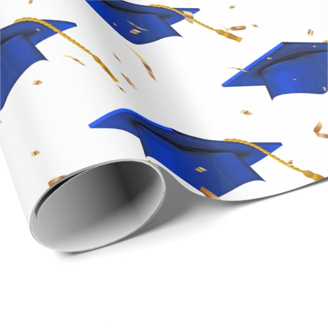 Papel De Regalo Capas de graduación azules y confetti de oro (Esquina del rollo)