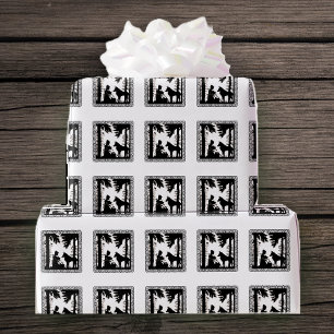 Papel De Regalo Caperucita Roja Lobo en Bosque Blanco Negro