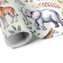 Papel de regalo caprichoso con elefantes, león