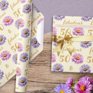 Papel De Regalo Caprichoso Cumpleaños 50 Rosa Floral Crema Bonito