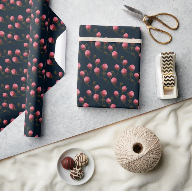 Papel De Regalo Capuchas rosa rosadas sobre fondo azul oscuro (Artesanía)
