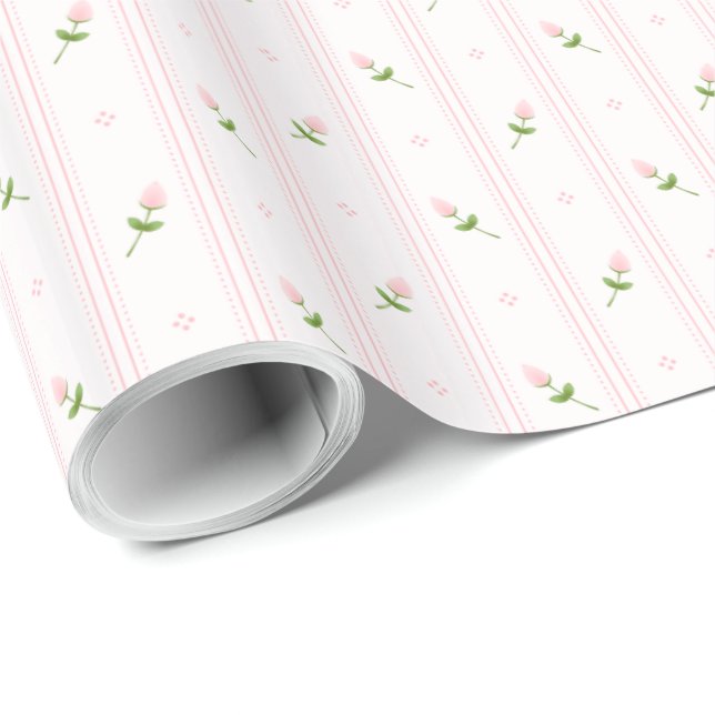 Papel De Regalo Capullos de rosa rosados con las rayas (Esquina del rollo)