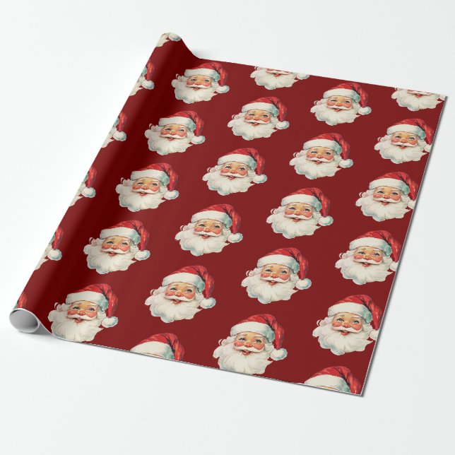 Papel De Regalo Cara de Santa Retro Navidad Rojo (Desenrollado)