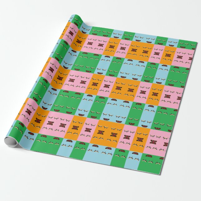 Papel De Regalo Caras de bloques de monstruo sonrientes (Desenrollado)