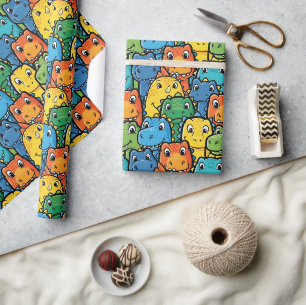 Papel De Regalo Caras Felices de Dinosaurios Patrón Atestado