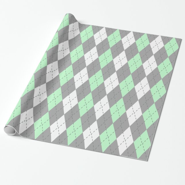 Papel De Regalo Carbón de menta Dk Gray Wht XL Argyle (Desenrollado)