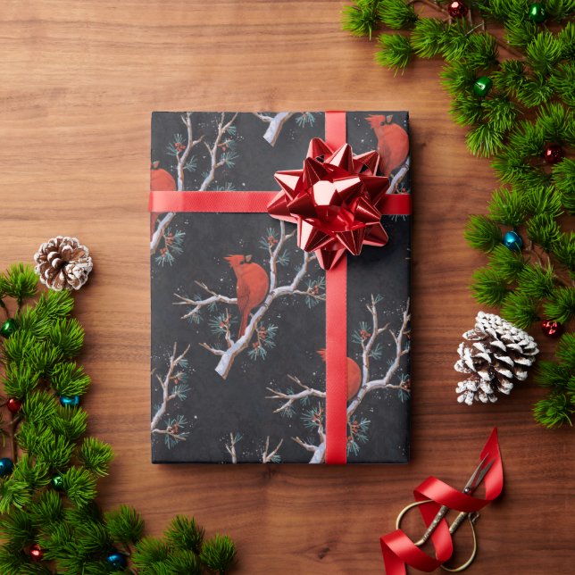 Papel De Regalo Cardenal rojo con bayas rojas de invierno (Regalo de vacaciones)
