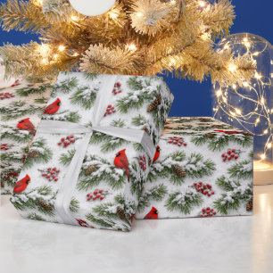Papel De Regalo Cardenal Rojo de Navidad Invierno Verde Perenne