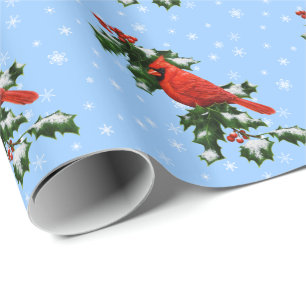 Papel De Regalo Cardenal y copos de nieve de acebo