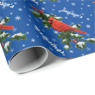 Papel De Regalo Cardenal y copos de nieve de acebo