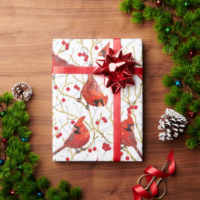 Papel De Regalo Cardenales de nieve + Navidades de Winterberries | (Regalo de vacaciones)