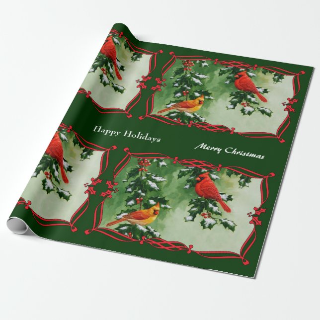 Papel De Regalo Cardenales masculinos y femeninos verdes (Desenrollado)