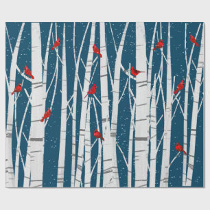 Papel De Regalo Cardenales Rojos En Árboles De Aves Blancas