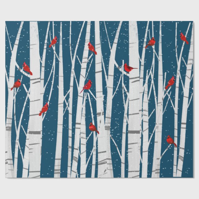 Papel De Regalo Cardenales Rojos En Árboles De Aves Blancas (Superficie plana)