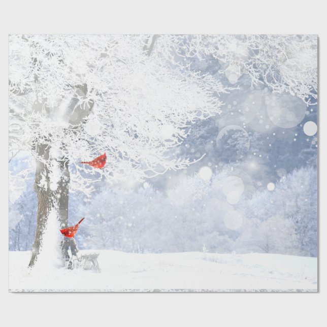 Papel De Regalo Cardenales rojos Navidades de aves nevan árboles (Superficie plana)