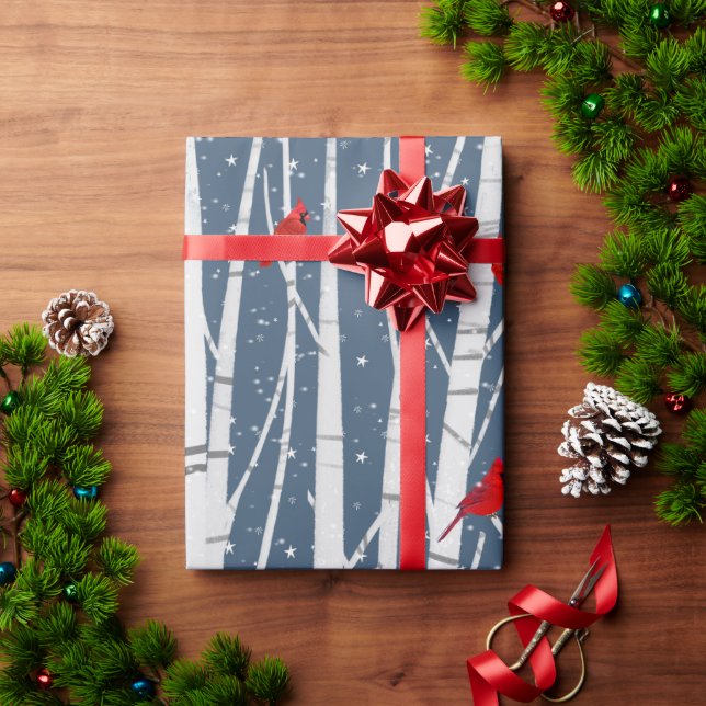 Papel De Regalo Cardenales Rojos Sobre Birch Blanco (Regalo de vacaciones)