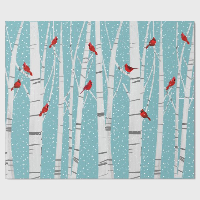Papel De Regalo Cardenales Rojos Sobre Birch Blanco (Superficie plana)