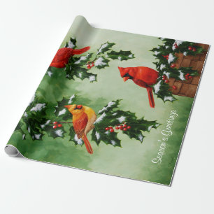 Papel De Regalo Cardenales rojos y hojas de acebo