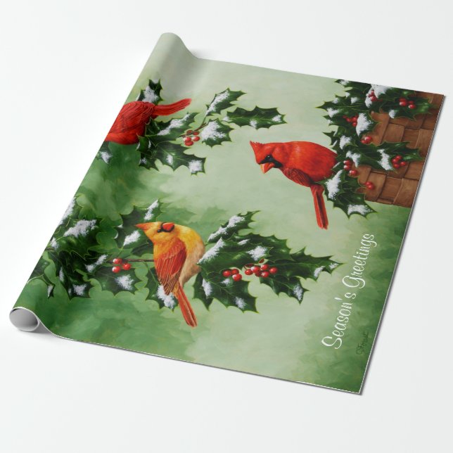 Papel De Regalo Cardenales rojos y hojas holly (Desenrollado)