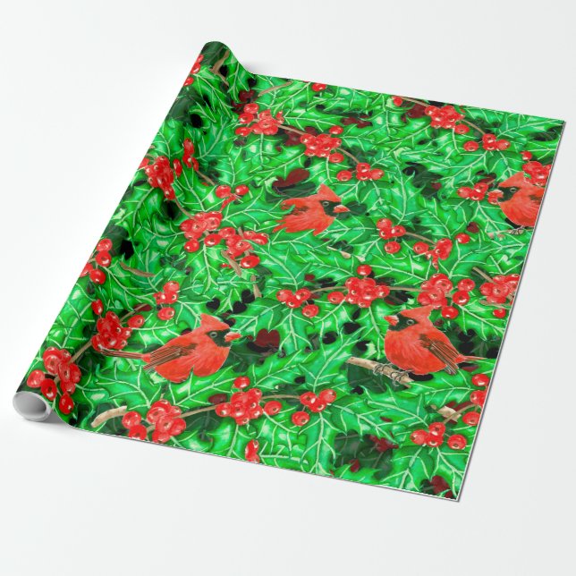 Papel De Regalo Cardenales y berry holly (Desenrollado)