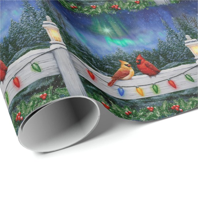 Papel De Regalo Cardenales y Navidades iluminan la nieve de invier (Esquina del rollo)