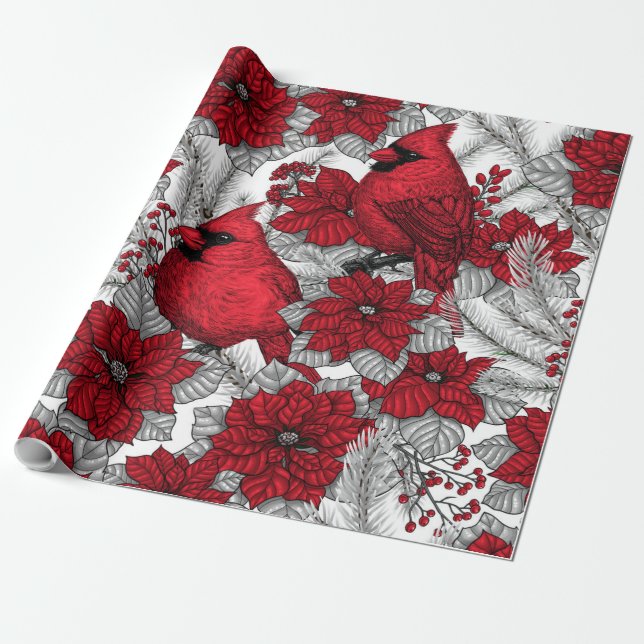 Papel De Regalo Cardenales y poinsettia en rojo y blanco (Desenrollado)