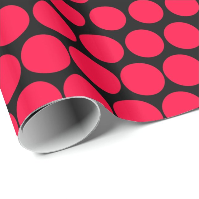 Papel De Regalo Carmine Red Polka Dot Moderno Negro (Esquina del rollo)