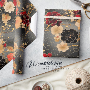 Papel De Regalo Carnación elegante   Floraciones rojas y doradas e