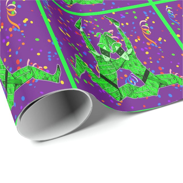 Papel De Regalo Carnaval de Mardi Gras Jesters verdes con confetti (Esquina del rollo)