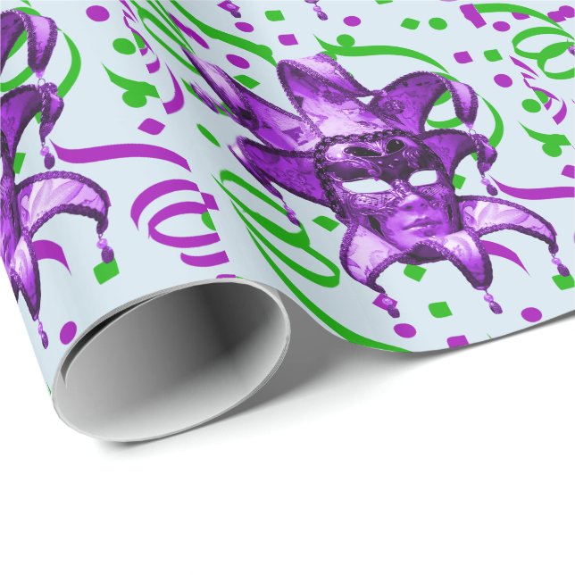 Papel De Regalo Carnaval de Mardi Gras Máscara Púrpura Con Confett (Esquina del rollo)
