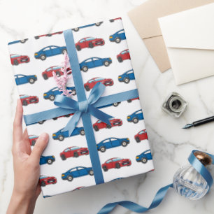 Papel De Regalo Carreras Carros Race Retro Niños de Cumpleaños Azu