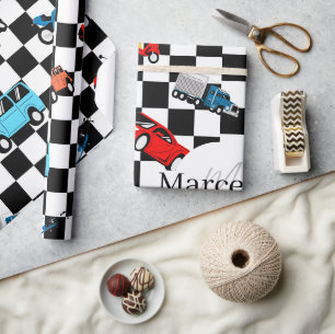 Papel De Regalo Carreras Negro y Blanco Patrón Moderno con Coches