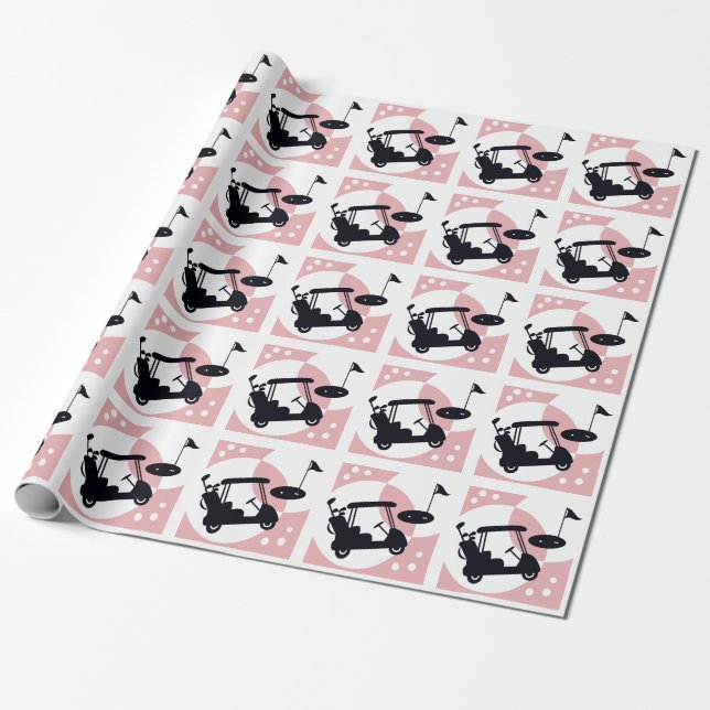 Papel De Regalo Carrito de golf retro en negro y rosa (Desenrollado)