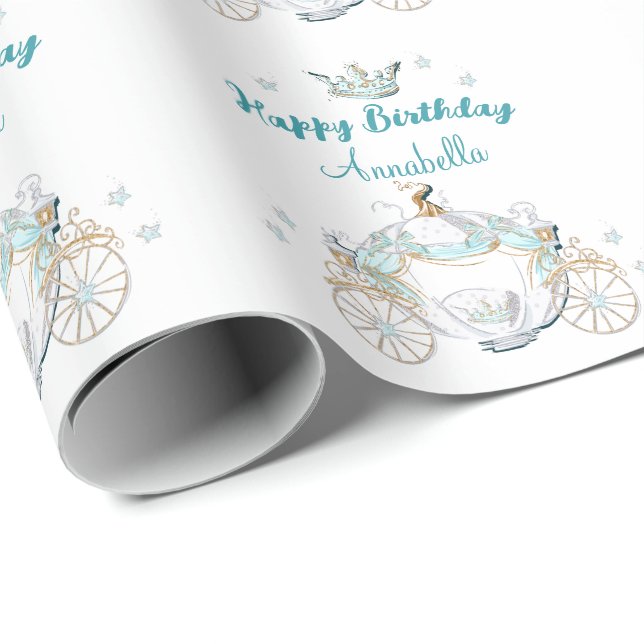 Papel De Regalo Carrito de Princesa de Cenicienta verde azulada y  (Esquina del rollo)