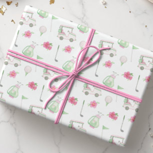 Papel De Regalo Carro de golf rosa y verde acuarela
