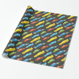 Papel De Regalo Carros de carreras multicolor en negro