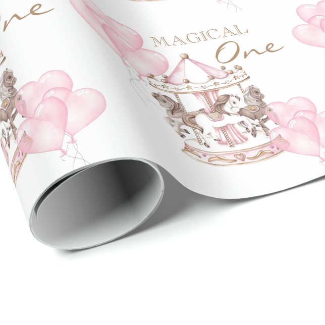 Papel De Regalo Carrusel Pink Unicornio Niña (Esquina del rollo)