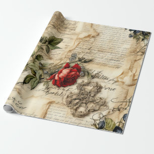 Papel De Regalo Carta de amor en pergamino vintage con flores
