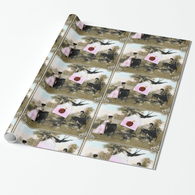 PAPEL DE REGALO CARTA DE VALENTINA ROMÁNTICA, SELLO DE CERA ROJA C (Desenrollado)