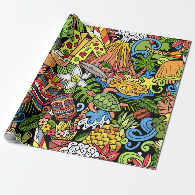 Papel De Regalo Cartoon doodles Hawaii seamless pattern. Backdrop  (Desenrollado)