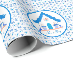 Papel De Regalo Casa azul personalizada Es un niño ducha bebé