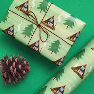 Papel De Regalo Casa de cabina y árbol de pino a cuadros