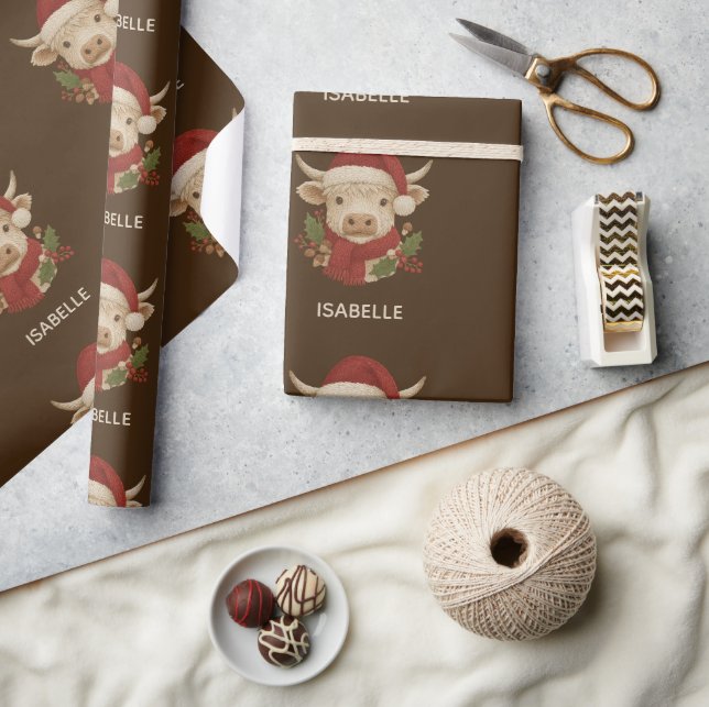 Papel De Regalo Casa de campo rústica, vaca Highland con Santa Hat (Artesanía)