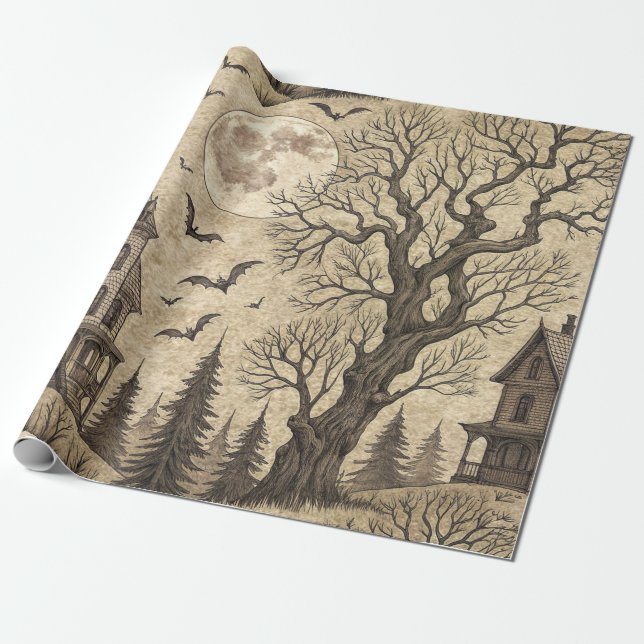 Papel De Regalo Casa de época y luna llena (Desenrollado)