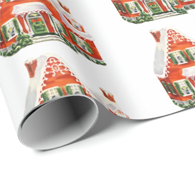 Papel De Regalo Casa de Navidades blancos y rojos de época (Esquina del rollo)