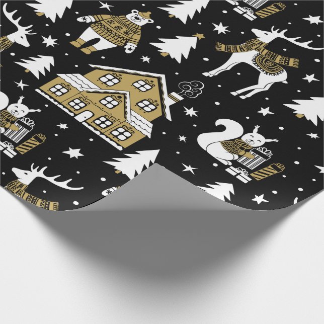 Papel De Regalo Casa de osos de renos blancos negros Navidades (Esquina)
