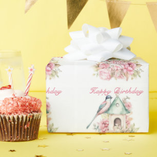 Papel De Regalo Casa de pájaros con acuarela hermosa Flores rosada