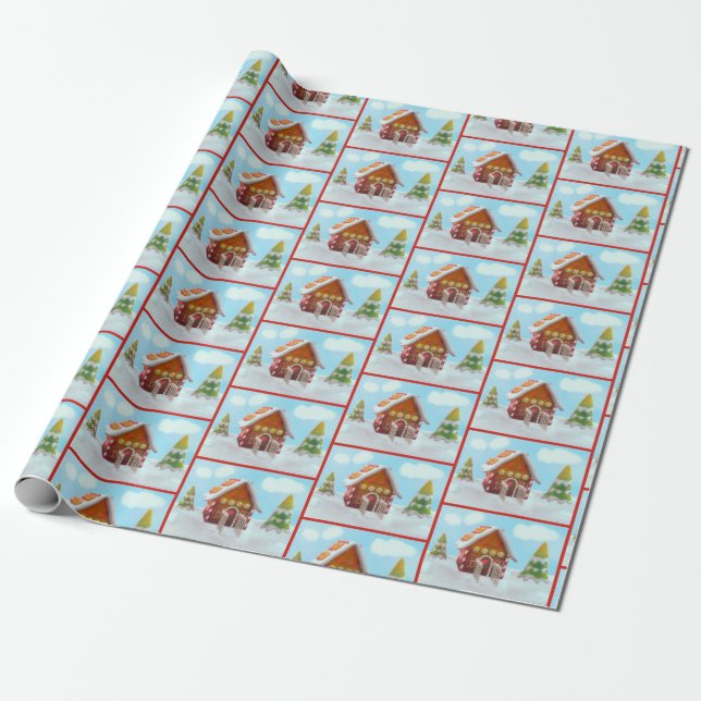 Papel De Regalo Casa de pan de jengibre en nieve (Desenrollado)